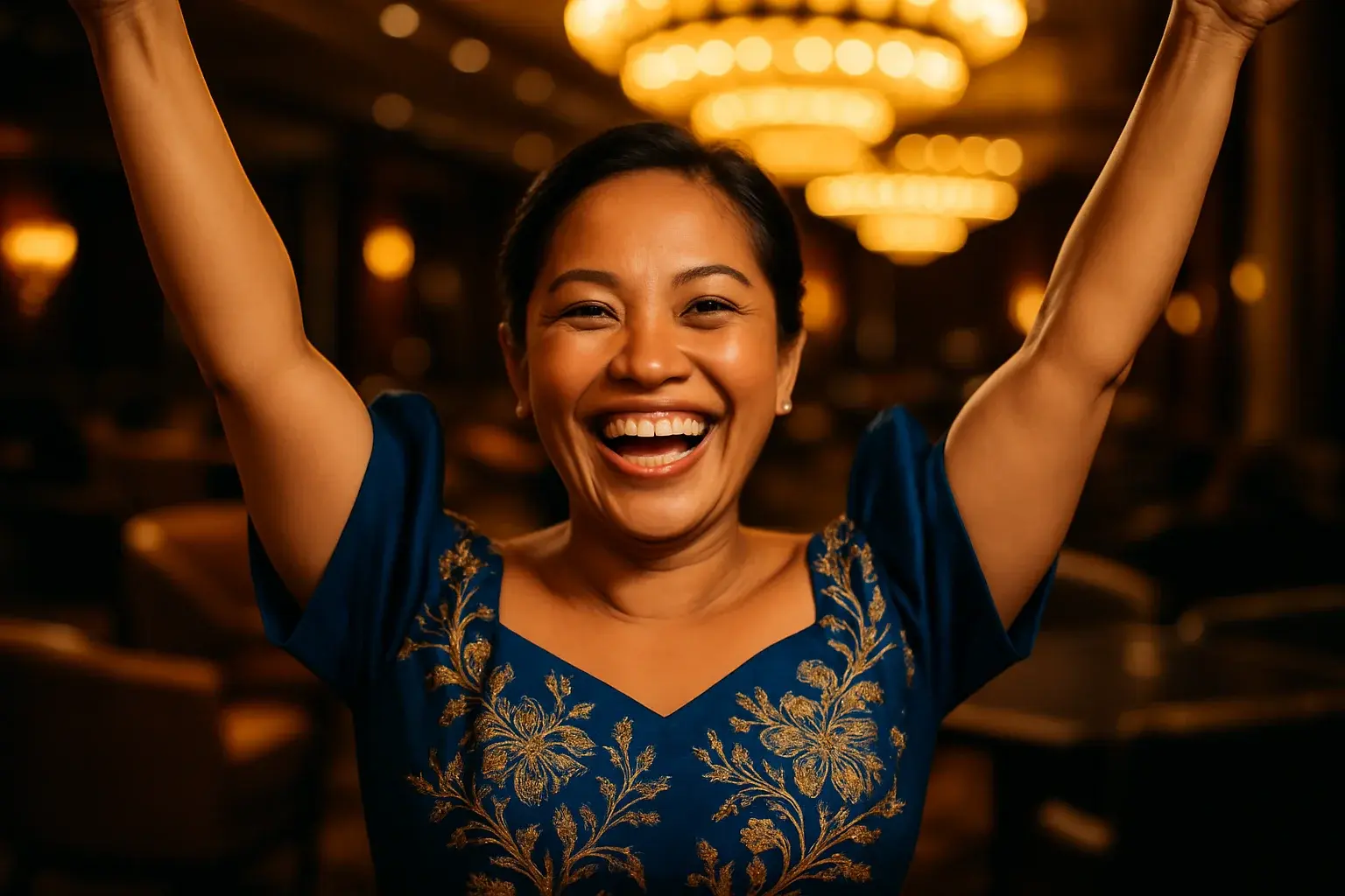 Joyful Filipino woman in Filipiniana dress celebrating in casino VIP lounge