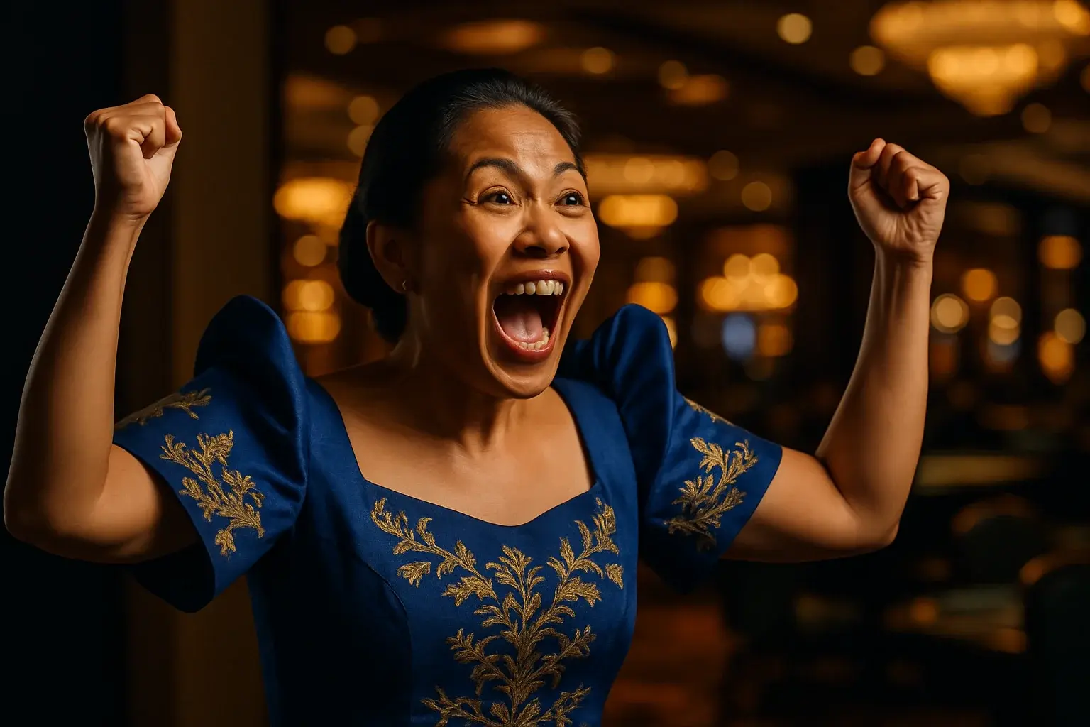 Thrilled Filipino woman in Filipiniana attire celebrating in blurred casino lounge