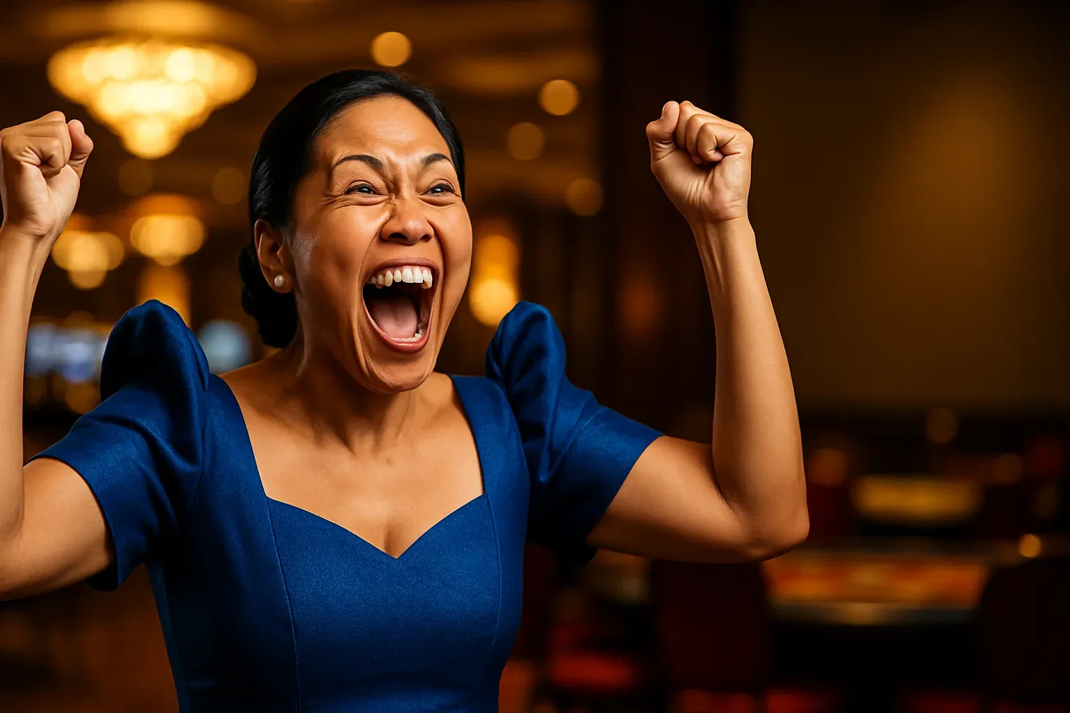 Thrilled Filipino woman in royal blue Filipiniana dress celebrating in casino lounge