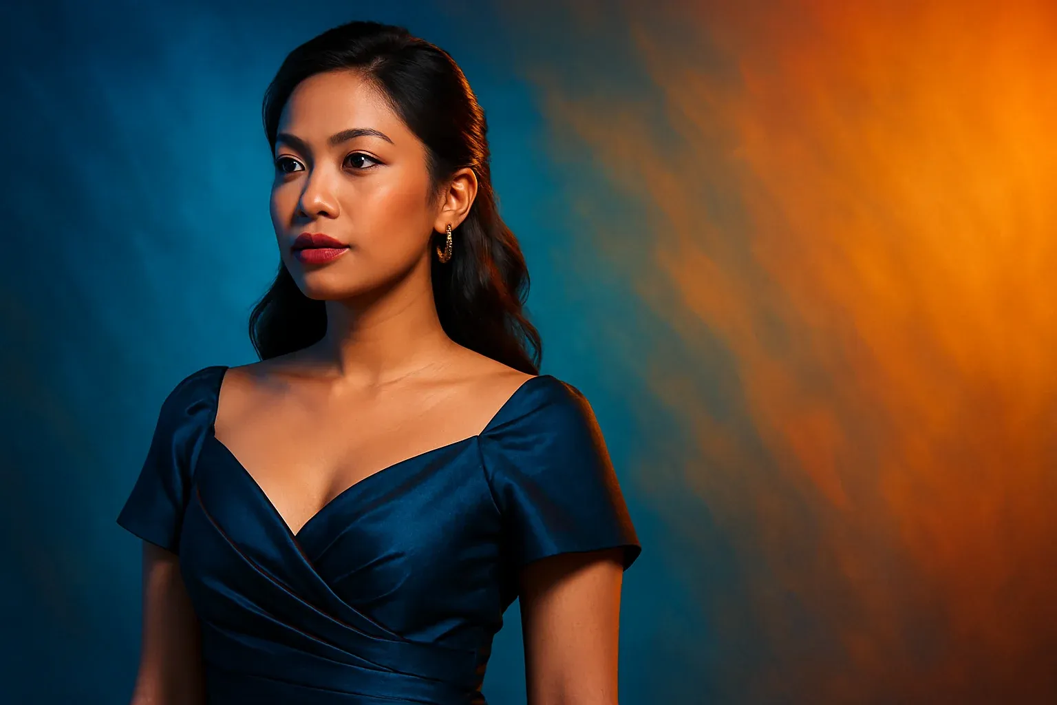 High-resolution portrait of stylish Filipino woman in elegant dress on blue and gold gradient background