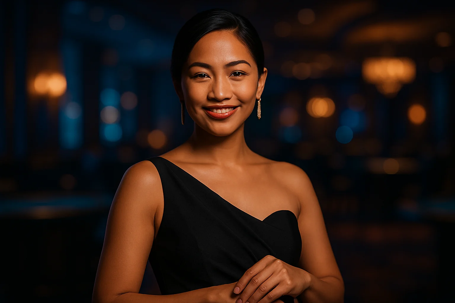 Elegant Filipino woman in evening dress smiling in blurred casino studio