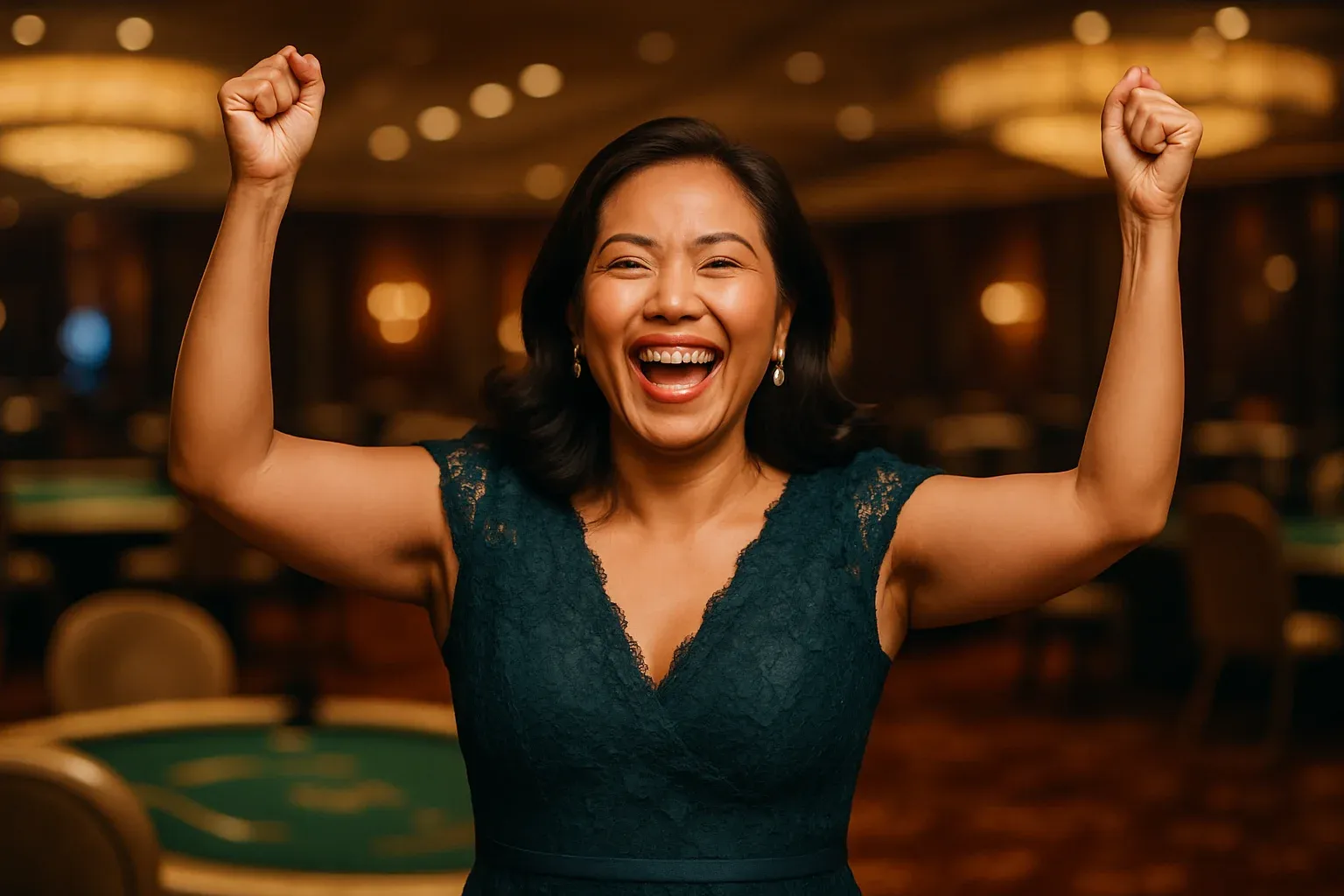 Joyful Filipino woman in elegant dress celebrating casino win, arms raised