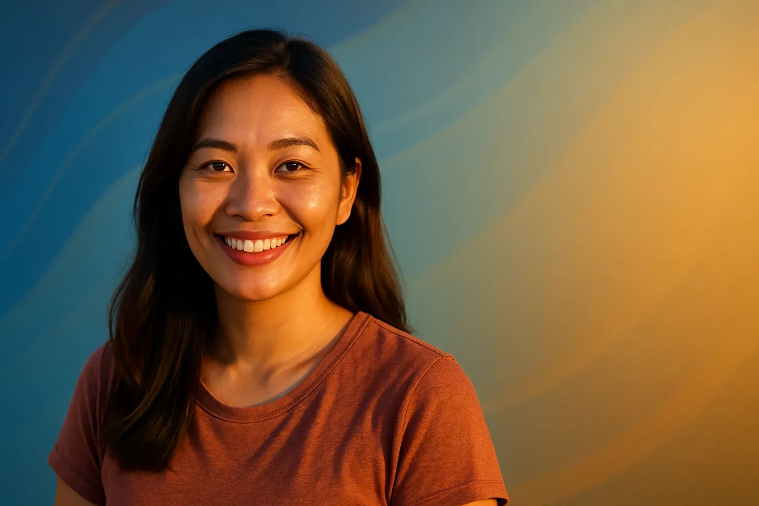 Smiling Filipino woman in casual attire on abstract blue and gold background