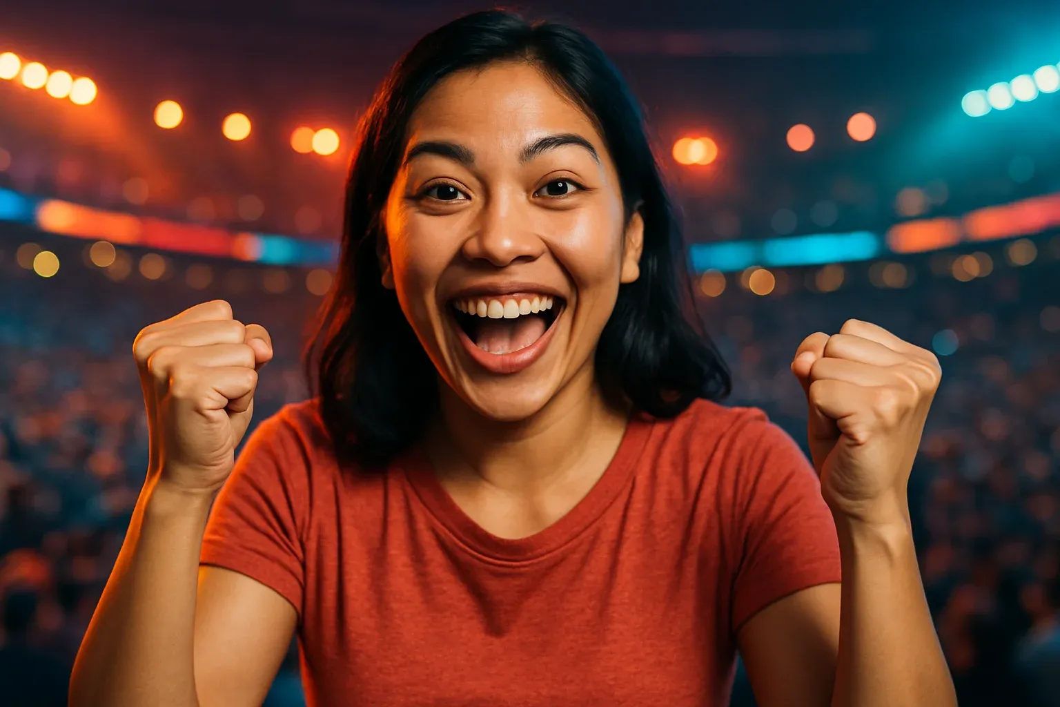 High-resolution portrait of enthusiastic Filipino woman celebrating with raised fists