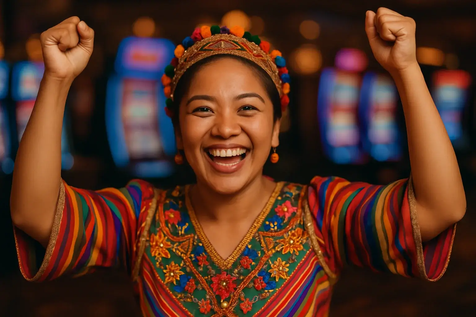 Excited Filipino woman celebrating with raised arms on blurred casino slot floor