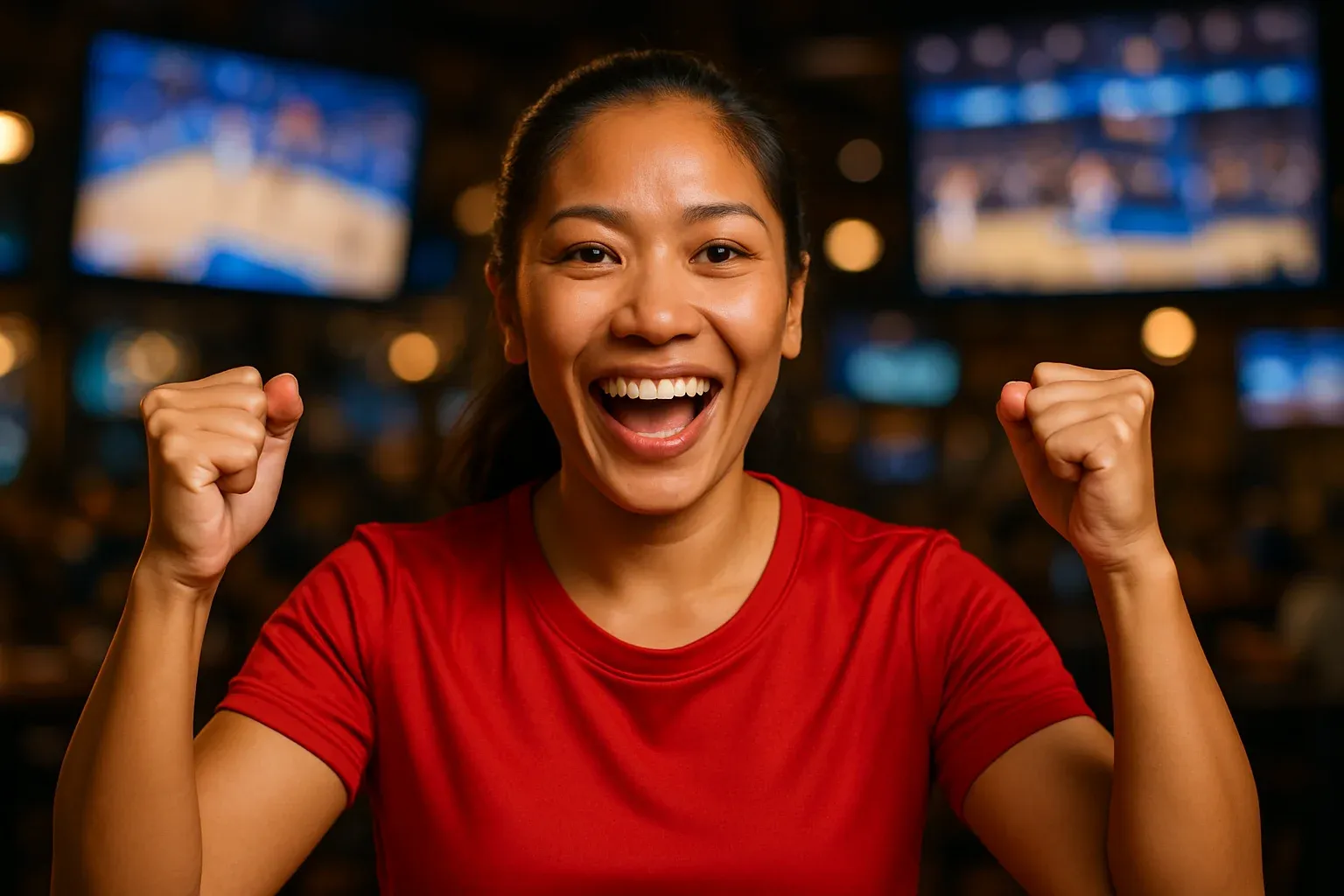 Enthusiastic Filipino woman celebrating in sports bar with raised fists